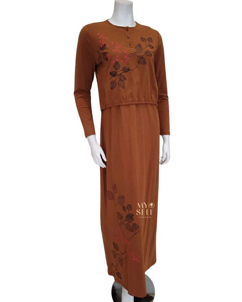 SS22N07B Amber Brown Cherry Blossom Cotton Nursing Nightgown