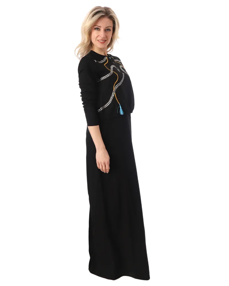 SS22N16B Chain Print & Tassels Black Cotton Nursing Nightgown