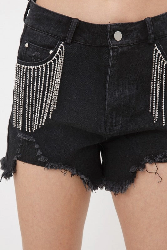 Presley Rhinestone Denim Shorts- Black Eco Certified Dye Comfortable Motion