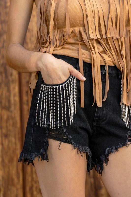 Presley Rhinestone Denim Shorts- Black Chill Breeze Clean Finish