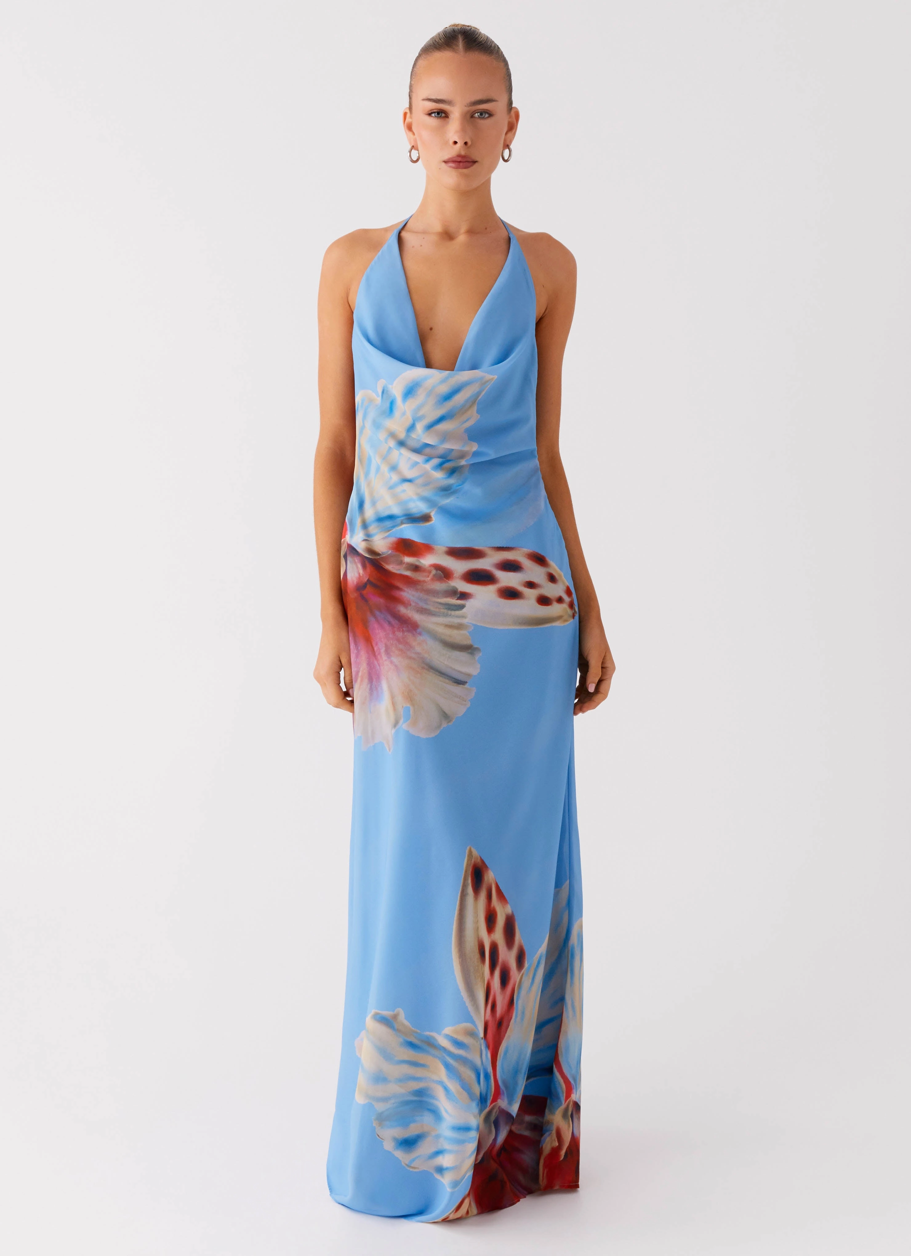 Glam Touch Stars Align Cowl Maxi Dress - Deep Sea Bloom