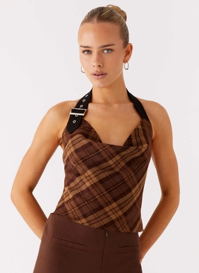 Stateside Cowl Top - Plaid Raw Edge Detail Soft Pullover