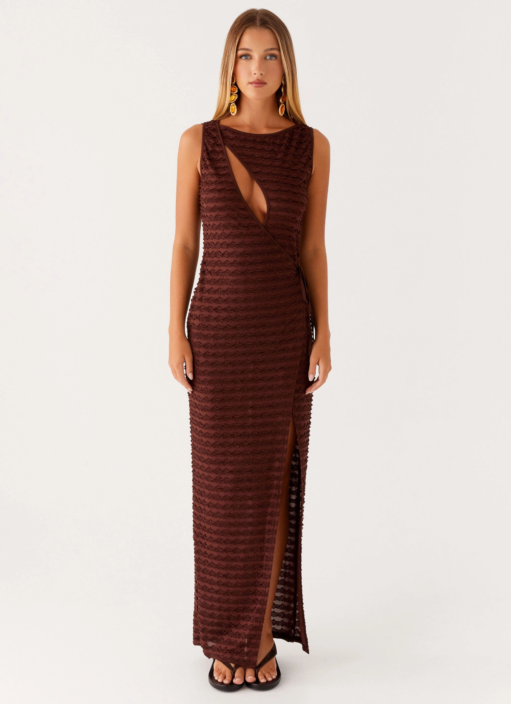 Sterling Wrap Maxi Dress - Chocolate Feminine Mood One-Shoulder