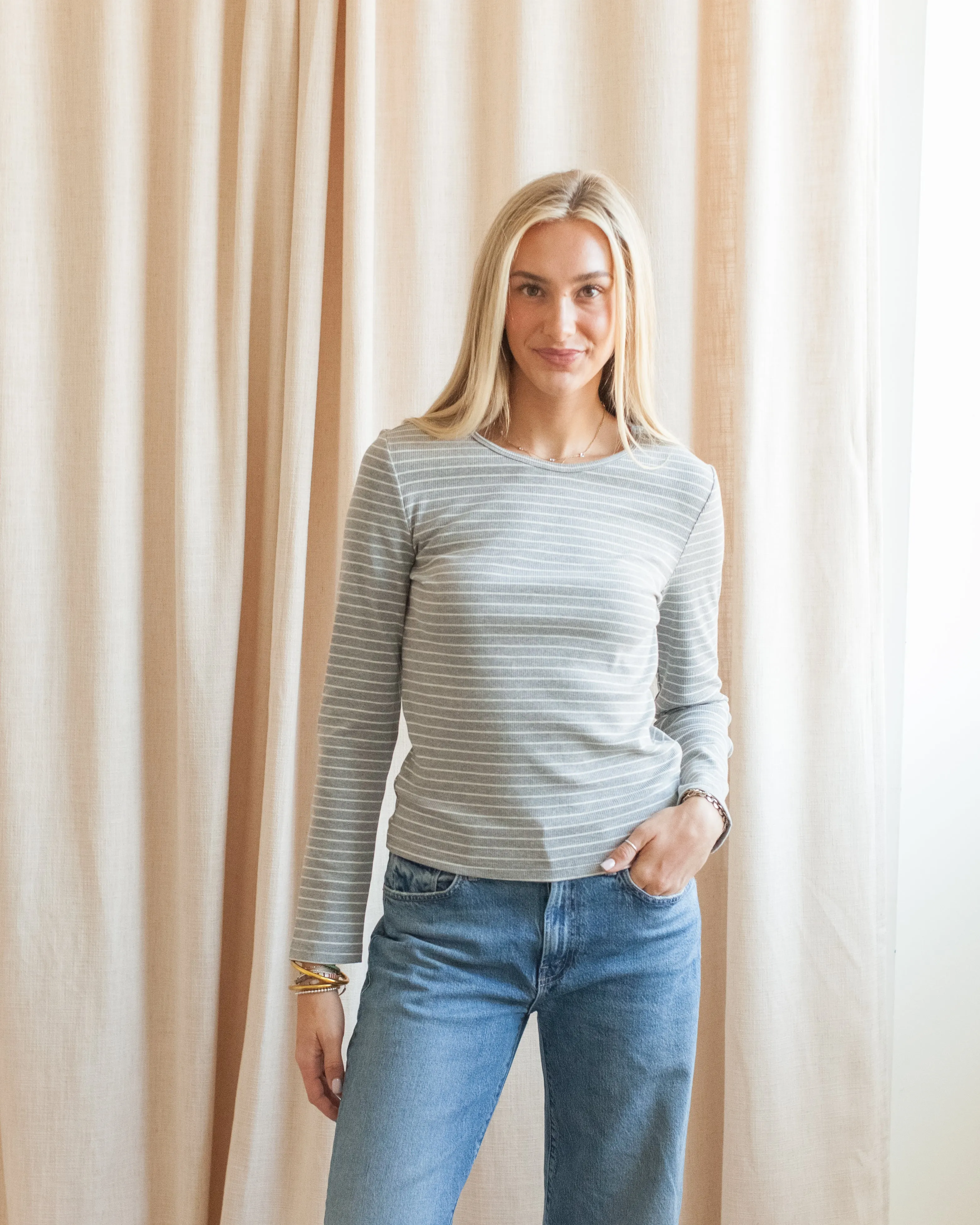 Stevie Striped Tee - Grey Flatlock stitching Ribbed Trim Details