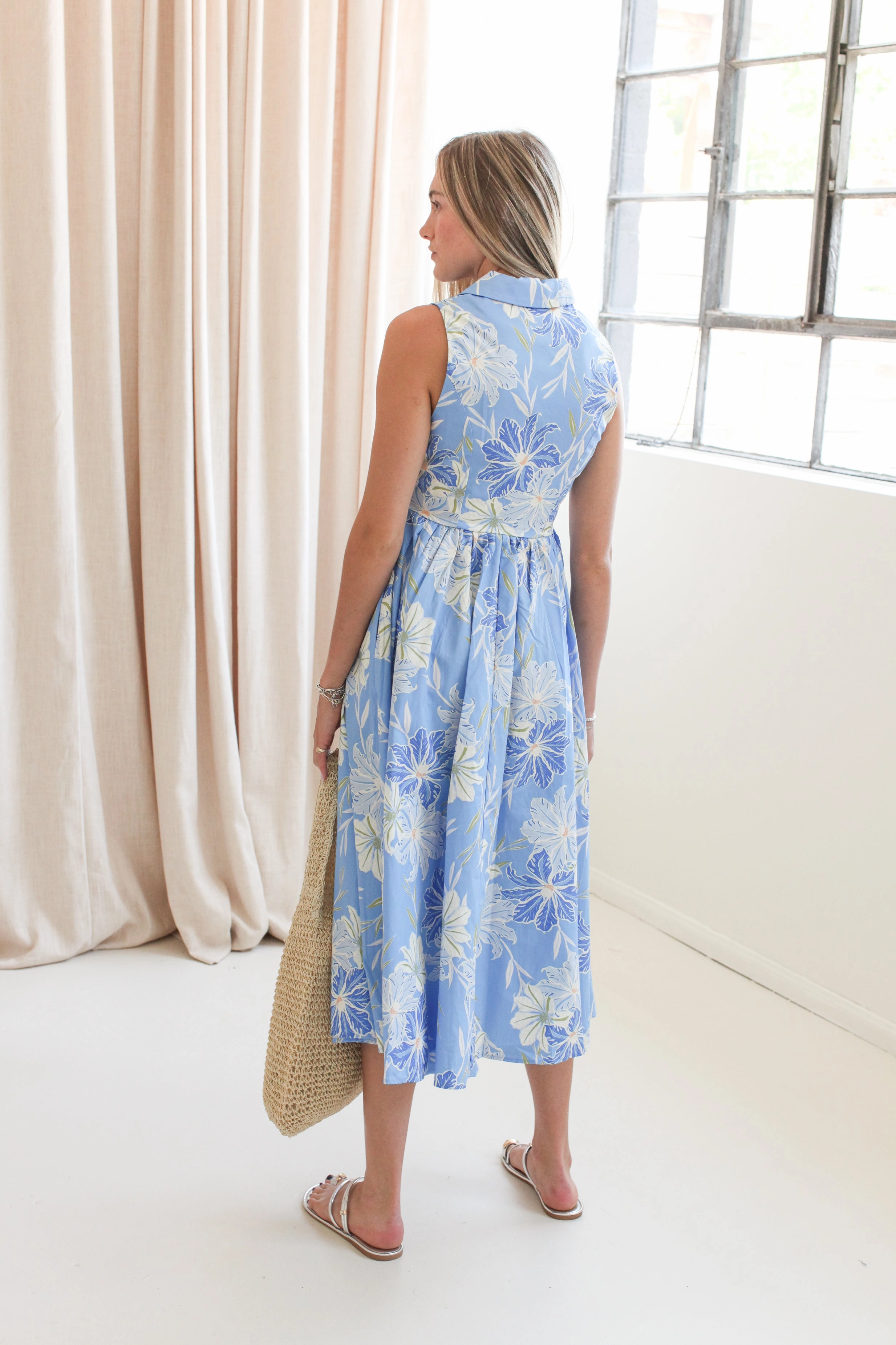 Hidden-Pocket Stevie Collared Midi Dress