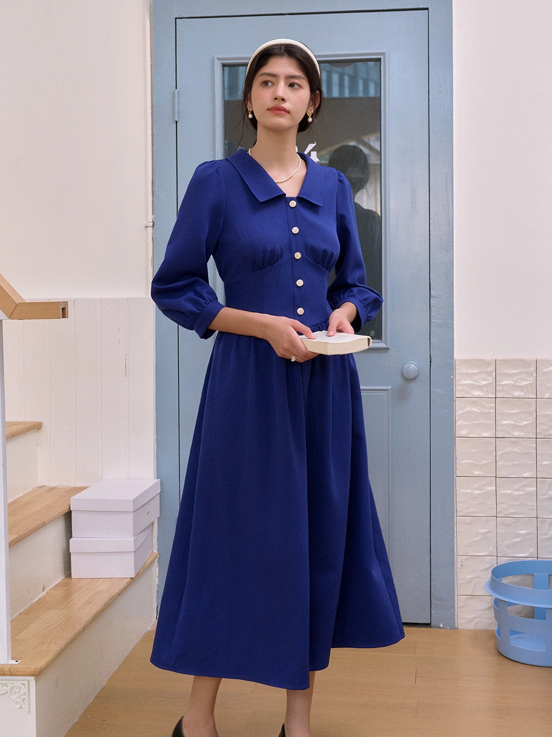 Stevie Turn-Down Collar Blue Dress StainShield Treatment Layered Panel Construction Loose Sweater
