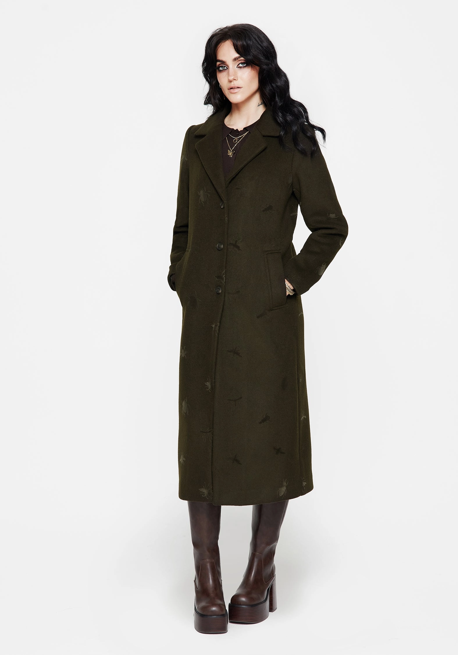 Buttery Soft Handfeel LightweightInsulation Evelyn Wool-Blend Bug Embossed Longline Coat