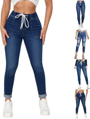 Straight Leg Jeans for Women Drawstring Elastic Waist Pull On Jeans Stretchy Boyfriend Baggy Cropped Denim Joggers
