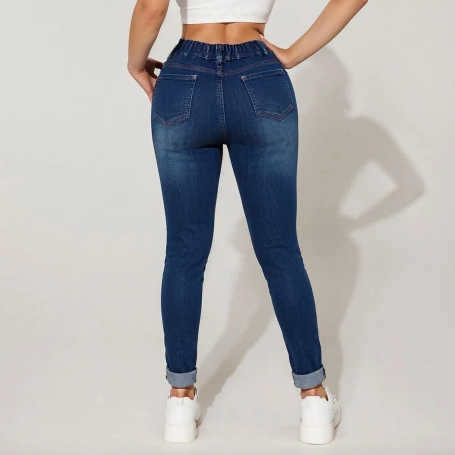 Straight Leg Jeans for Women Drawstring Elastic Waist Pull On Jeans Stretchy Boyfriend Baggy Cropped Denim Joggers