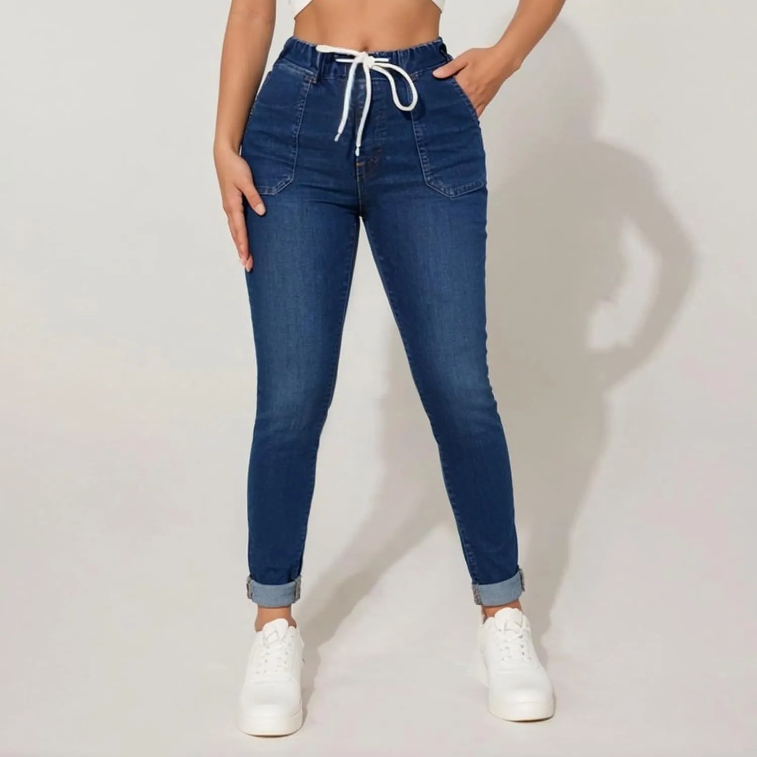 Straight Leg Jeans for Women Drawstring Elastic Waist Pull On Jeans Stretchy Boyfriend Baggy Cropped Denim Joggers