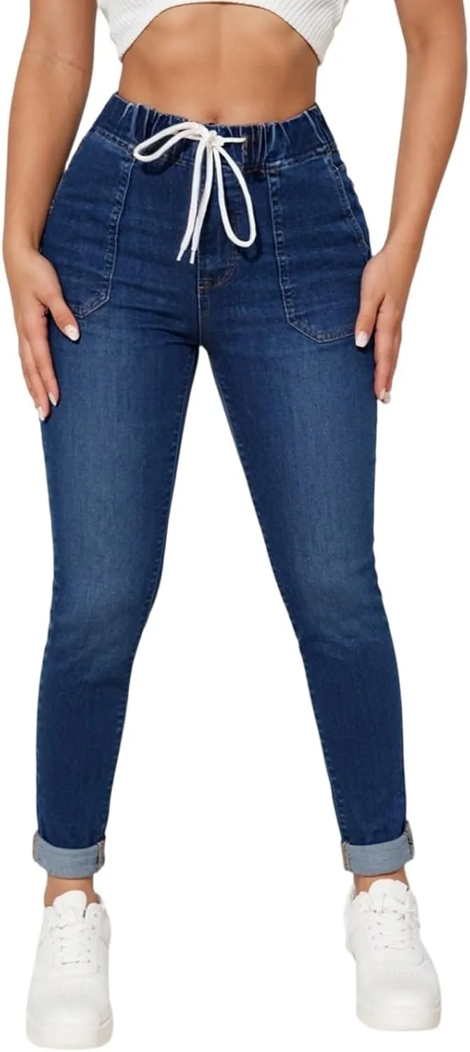 Straight Leg Jeans for Women Drawstring Elastic Waist Pull On Jeans Stretchy Boyfriend Baggy Cropped Denim Joggers