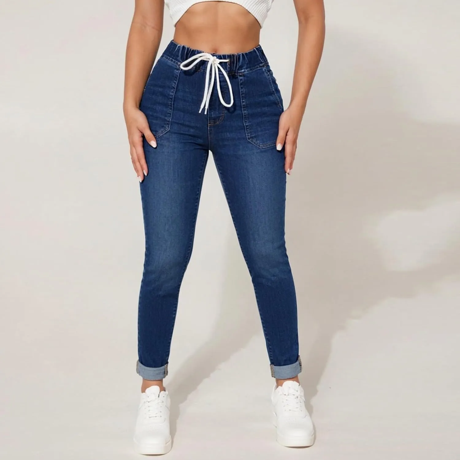 Straight Leg Jeans for Women Drawstring Elastic Waist Pull On Jeans Stretchy Boyfriend Baggy Cropped Denim Joggers