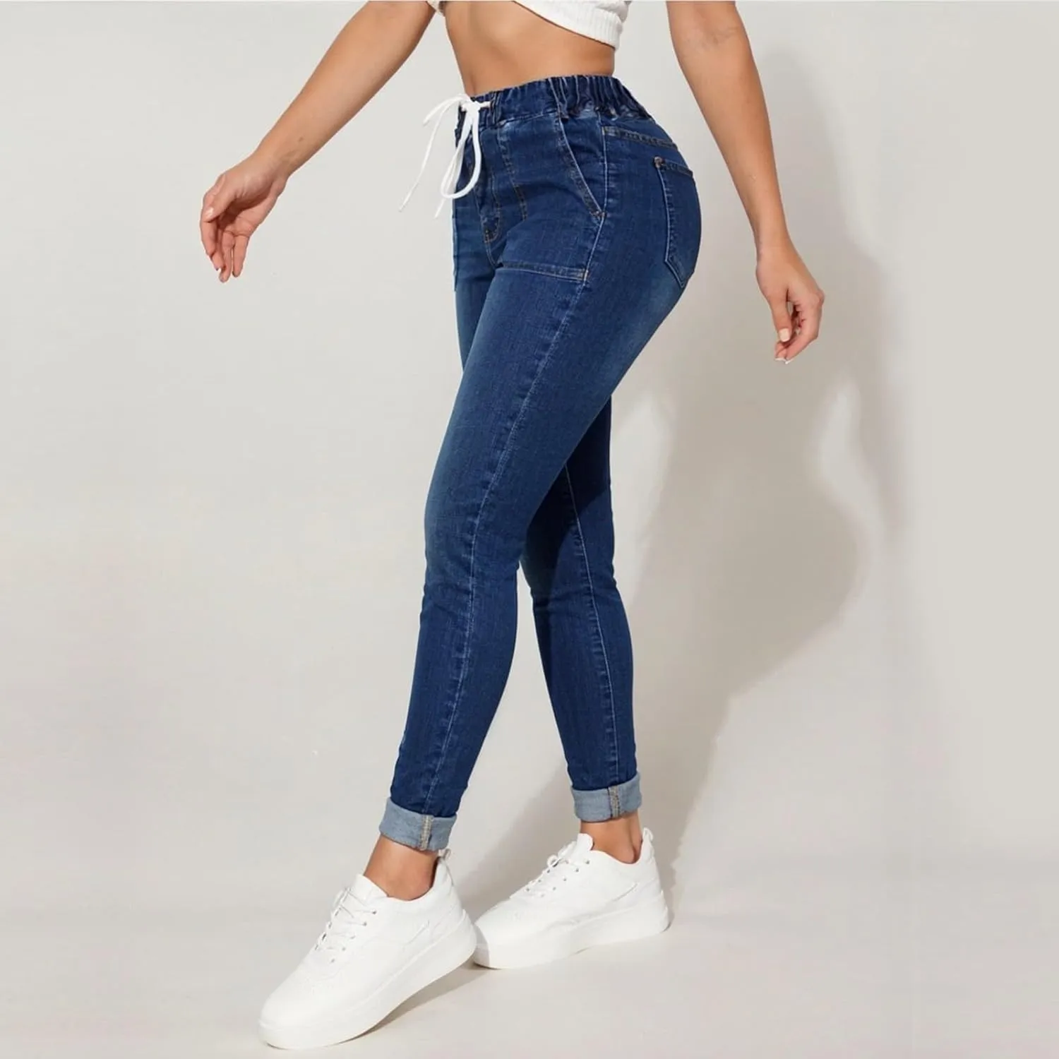 Straight Leg Jeans for Women Drawstring Elastic Waist Pull On Jeans Stretchy Boyfriend Baggy Cropped Denim Joggers