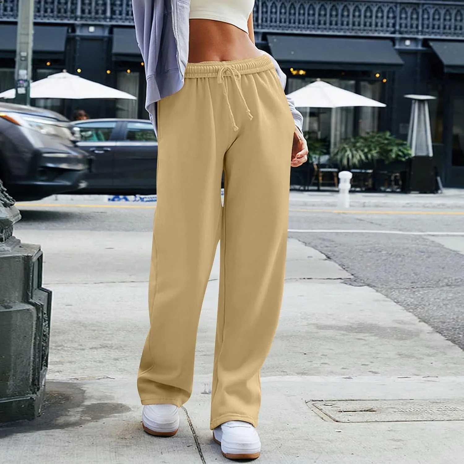 Straight Leg Sweatpants for Women Interior Drawstring Low Rise Sweatpants Athletic Fleece Joggers with Pockets