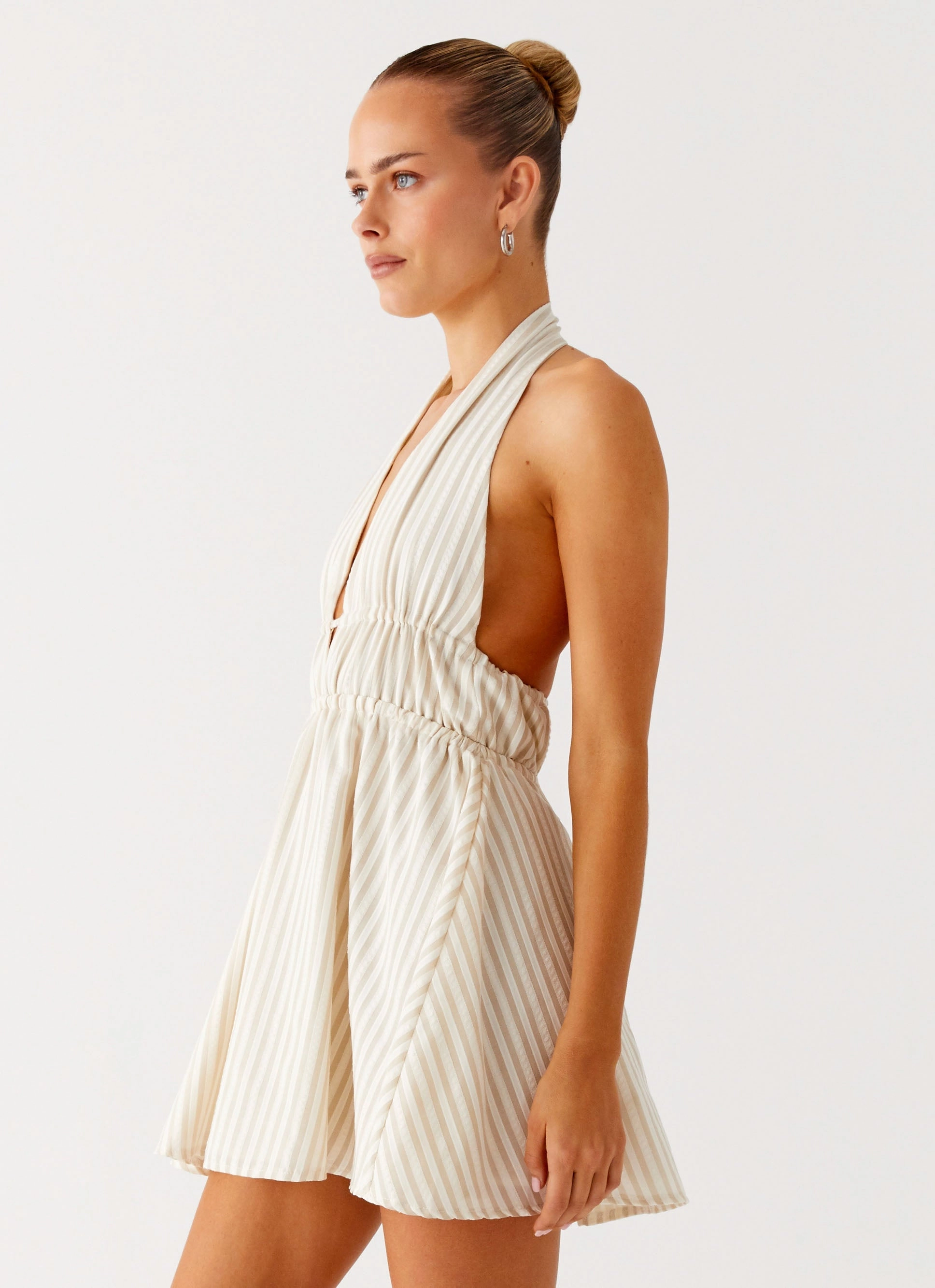 Figaro Halter Mini Dress - Taupe Stripe Built-In-Slip Midnight Mood