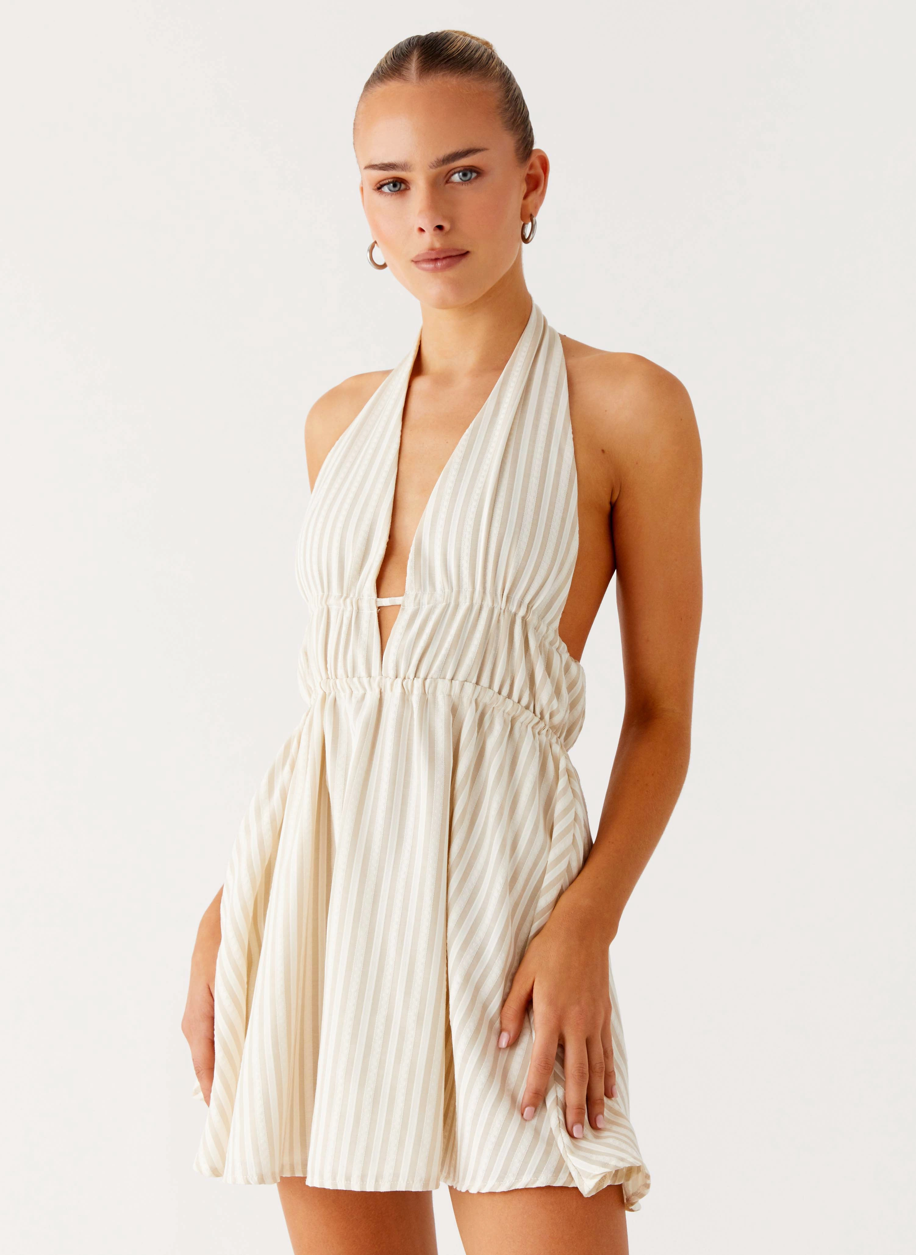 Cozy And Stylish Figaro Halter Mini Dress - Taupe Stripe