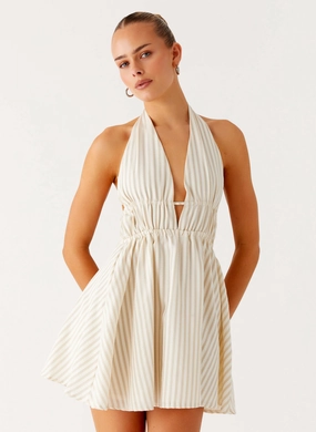 Bright Accent Side-Pocket Figaro Halter Mini Dress - Taupe Stripe