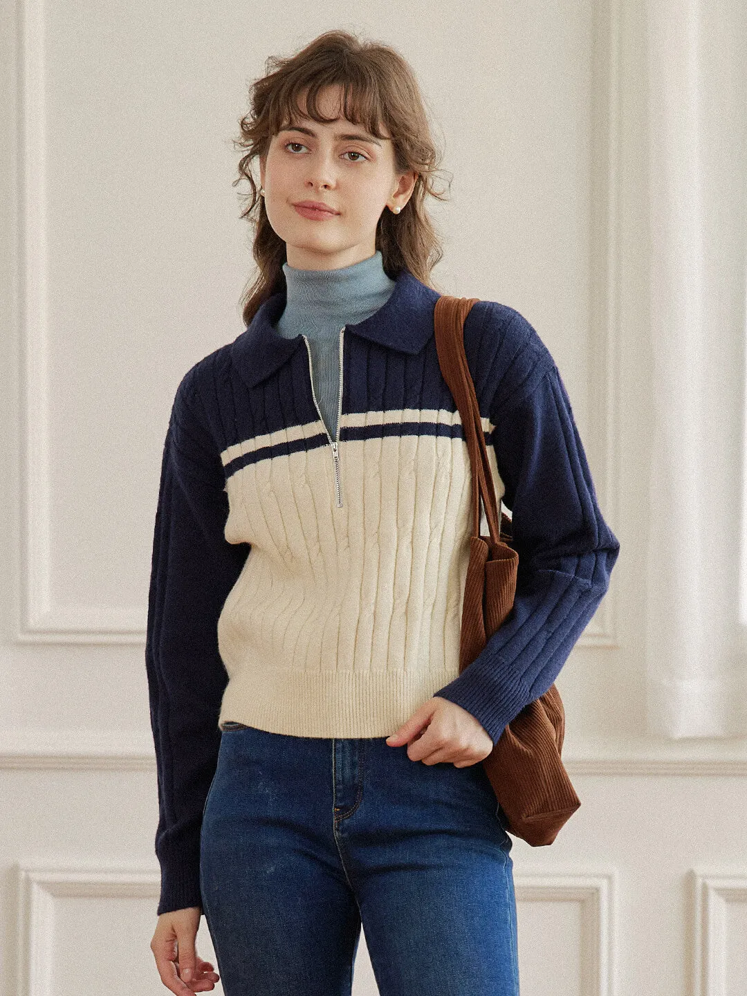 Noise Reduced Zipper Contrast Stitch Accent ??FINAL SALE??Lyla Polo Cable Blue Knit Sweater