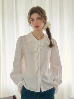 Azalea Double-Layered Lace Ruffled Collar Hollow Cotton Blouse Buttery Soft Feel Double Faced Jersey Knit