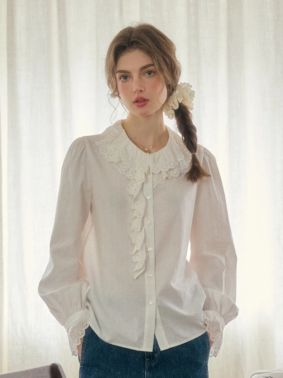 WrinkleFree Weaving AbrasionResistant Azalea Double-Layered Lace Ruffled Collar Hollow Cotton Blouse