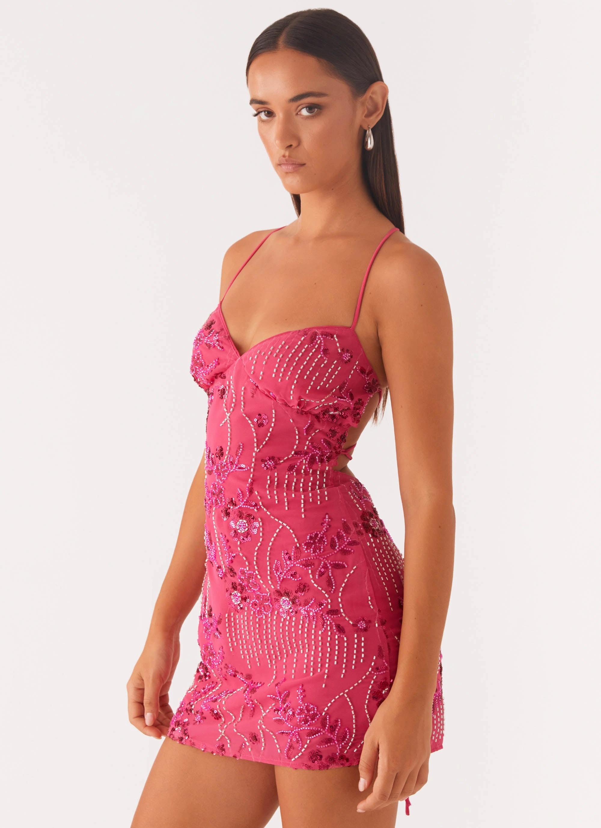 Anti Pilling Treatment Removable Belt Vietta Sequin Cami Mini Dress - Fuchsia