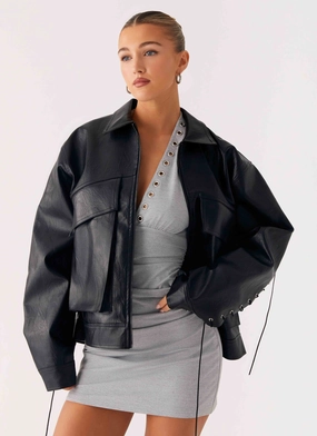 Weekend Style Lula Tassle Faux Leather Bomber Jacket - Black