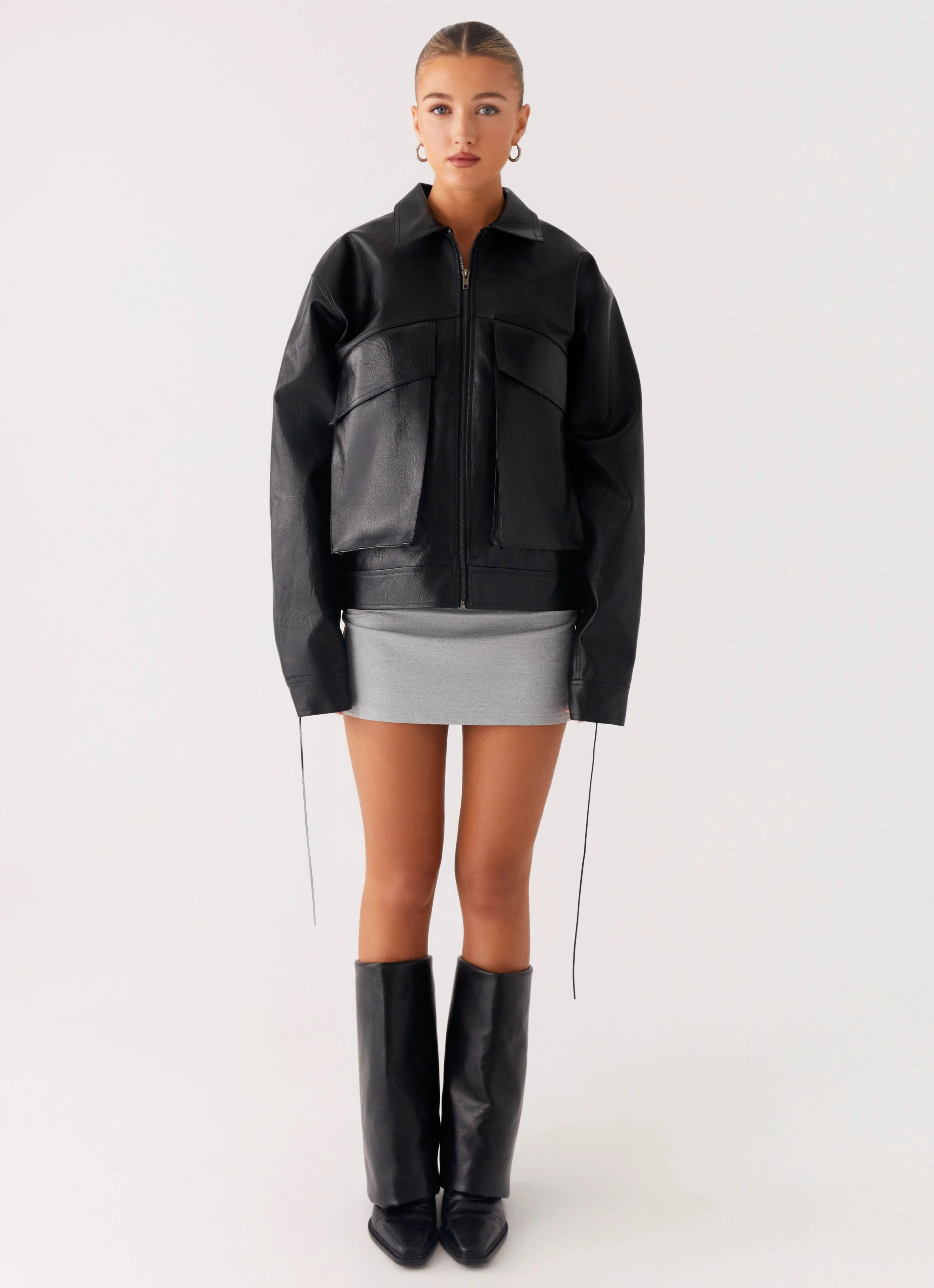 suitable for casual sports casual outing Lula Tassle Faux Leather Bomber Jacket - Black
