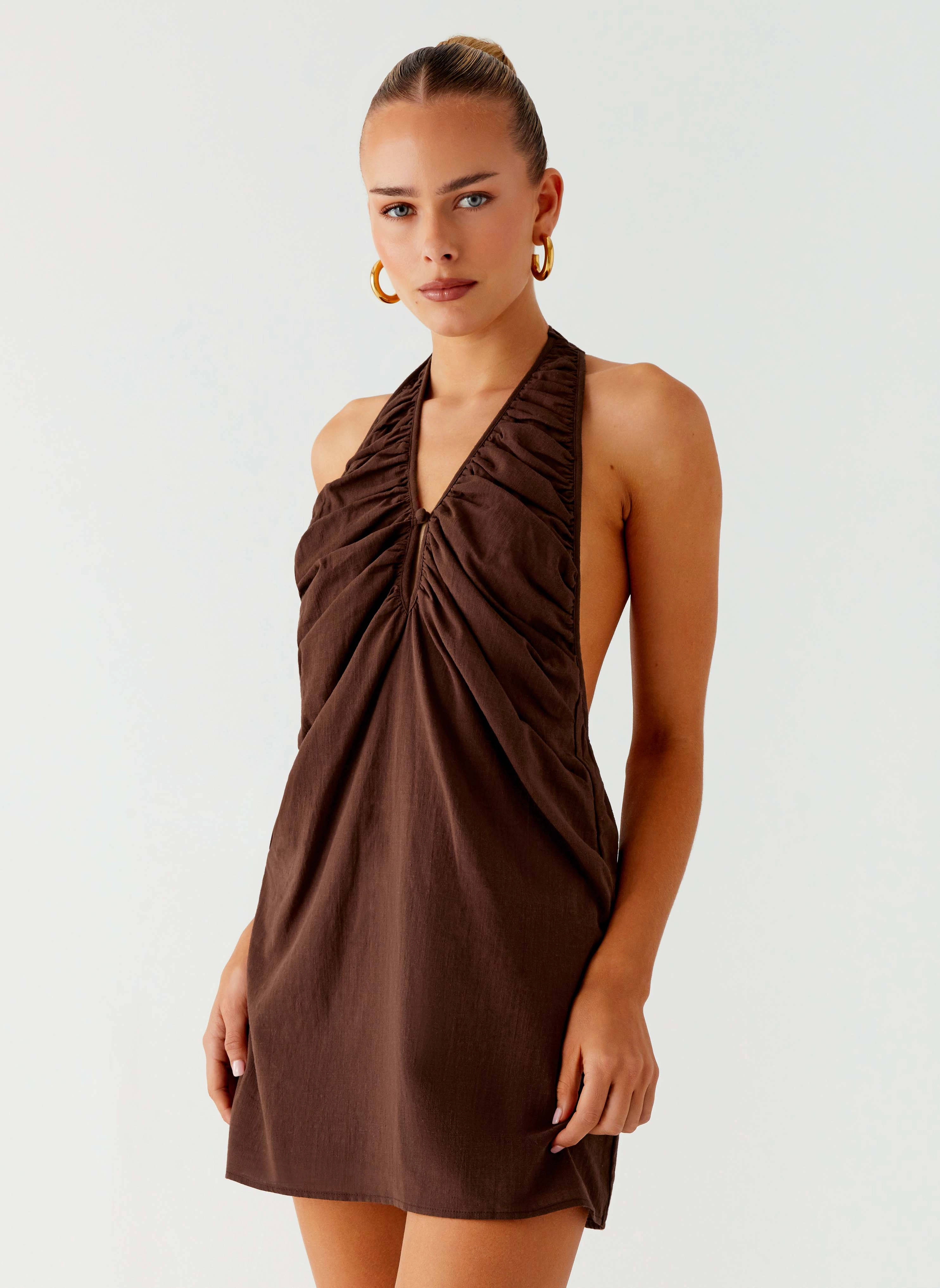 Jepsen Halter Mini Dress - Chocolate Trendy Piece Effortless Wear