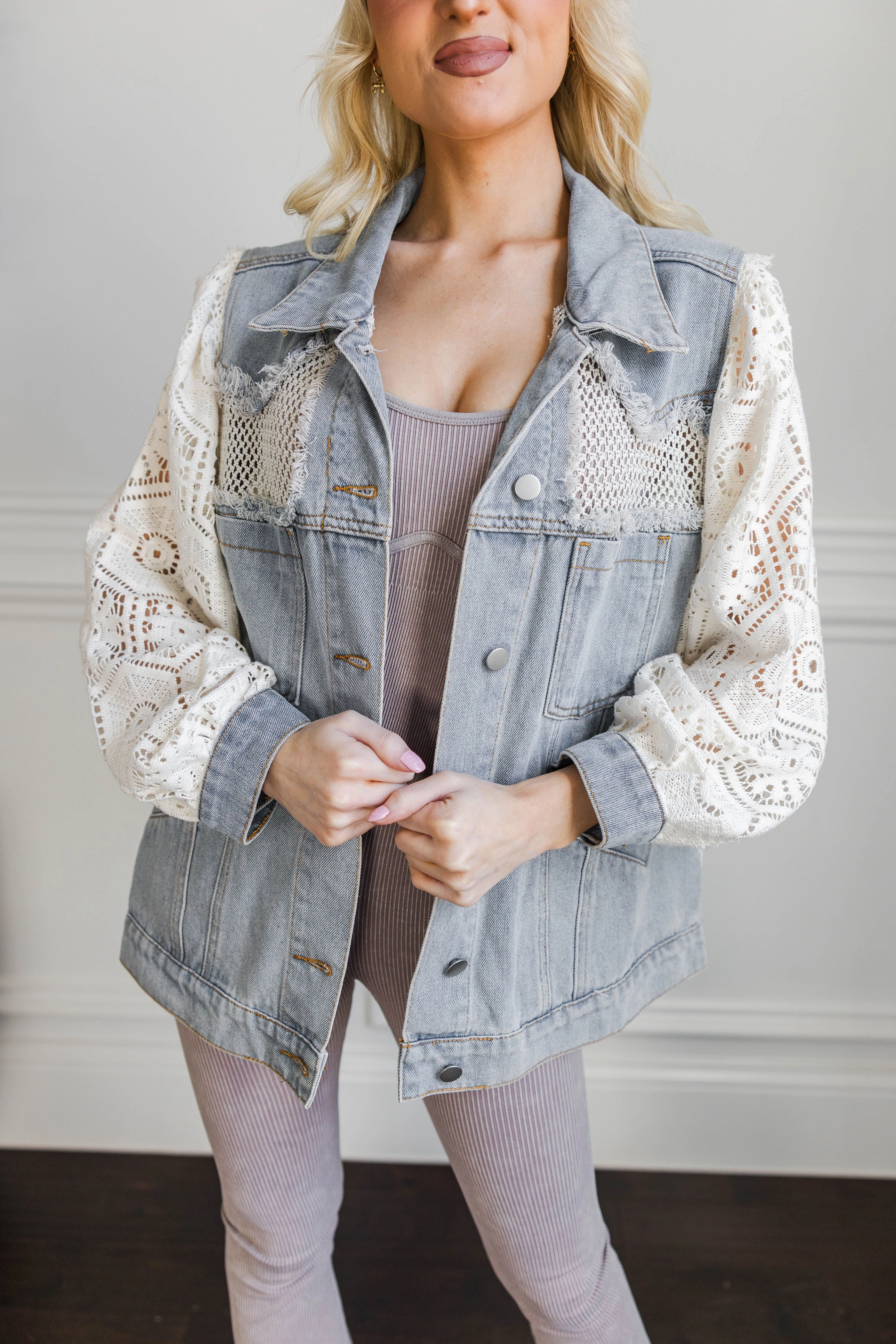 Marlowe Crochet Lace Denim Jacket WrinkleFreeFinish Double stitching