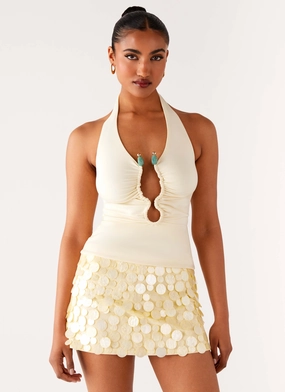 UltraSoft Lining Non Slip Shoulder Seams Diego Halter Top - Yellow