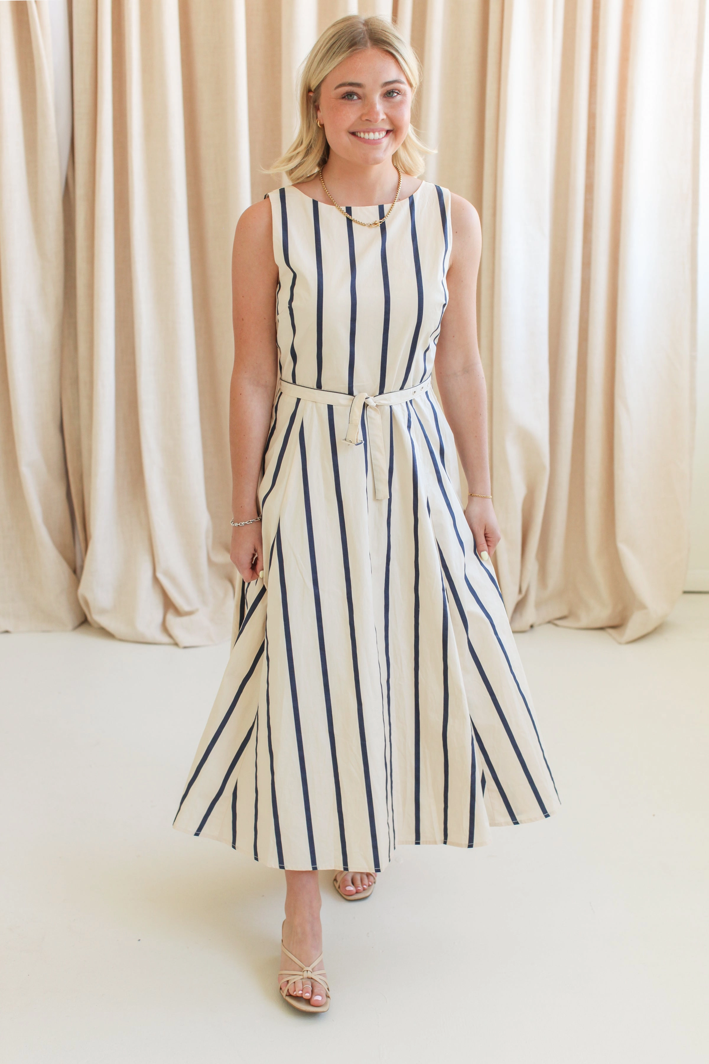 Elana Striped Midi Dress Chic Layered Wear Relaxed fit wear