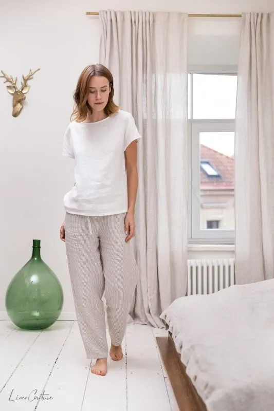 Striped Beige linen / Natural Linen Pajama set / Linen loungewear / Linen sleepwear