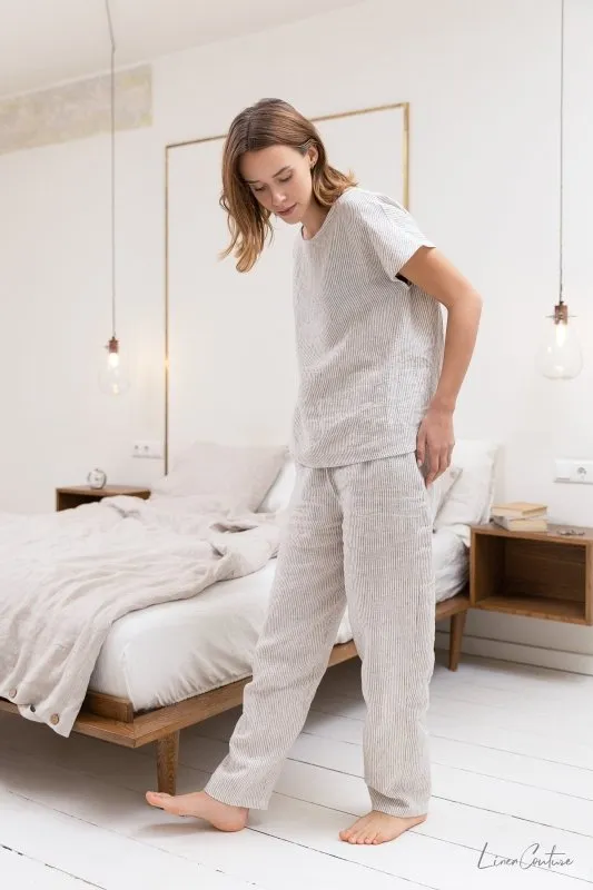 Striped Beige linen / Natural Linen Pajama set / Linen loungewear / Linen sleepwear