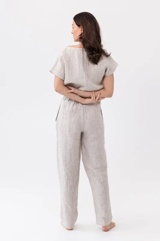 Striped Beige linen / Natural Linen Pajama set / Linen loungewear / Linen sleepwear