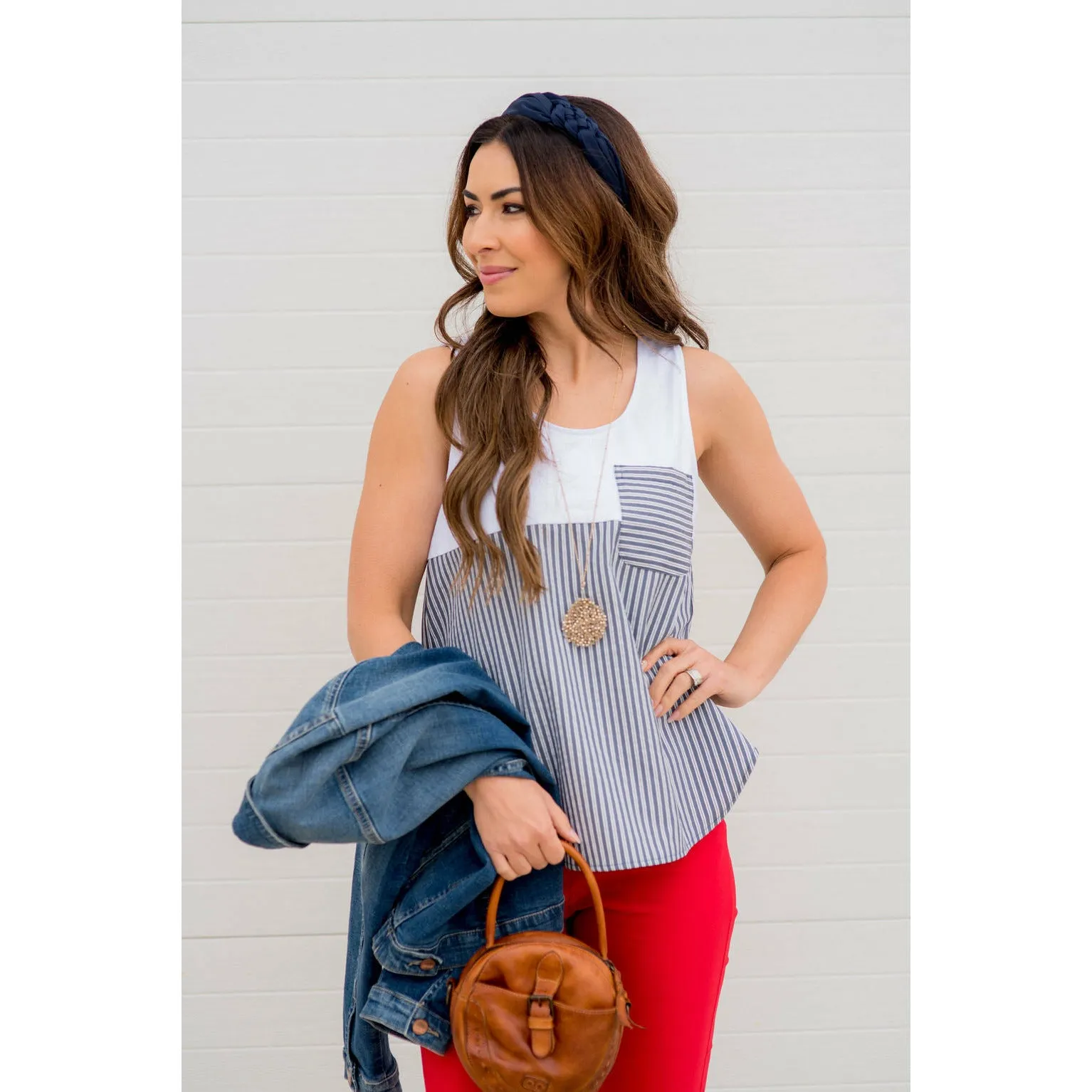Striped Bottom Pocket Tank