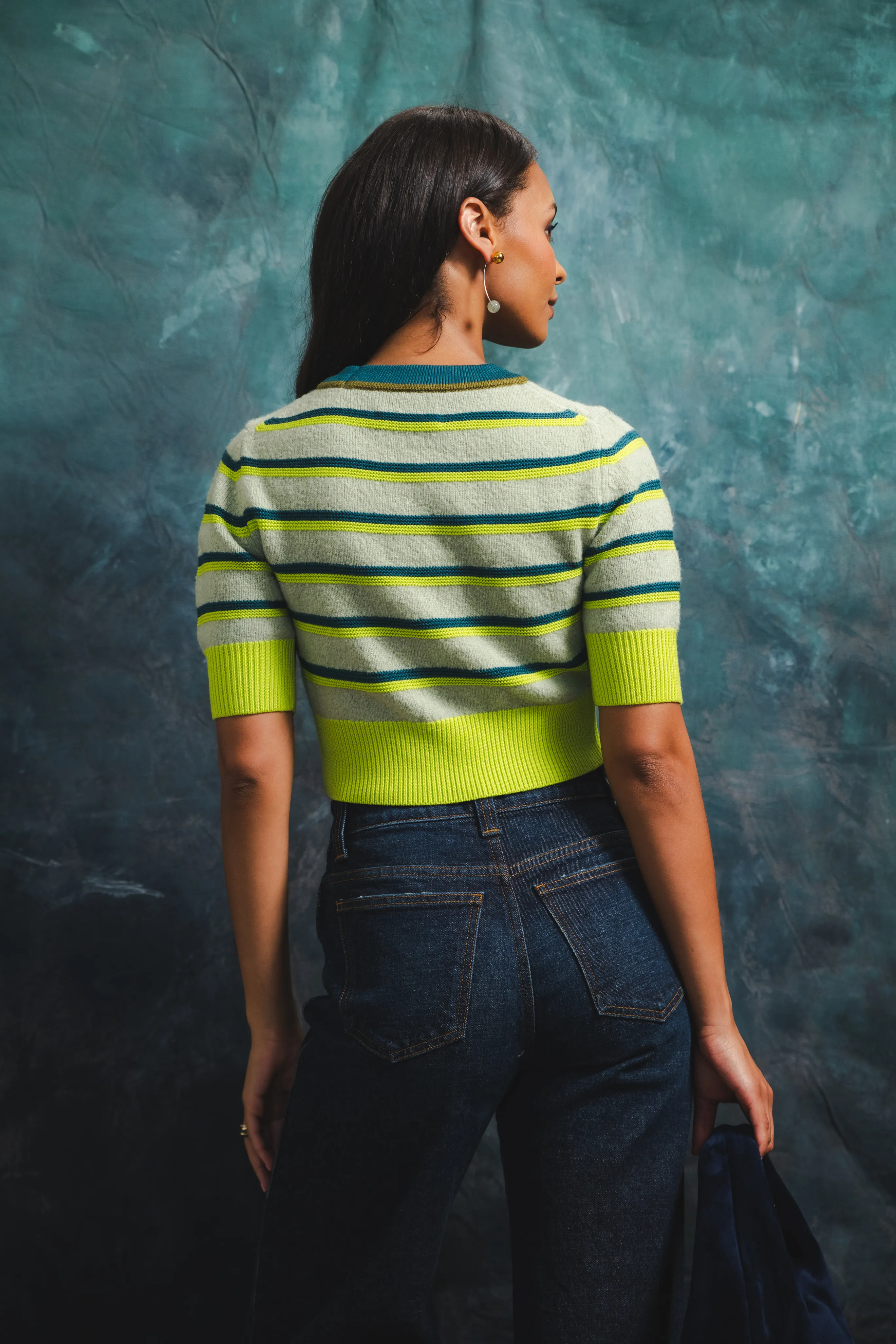 Non Slip Shoulder Seams Wrinkle Resistant Textile Striped Cropped Ringer Tee
