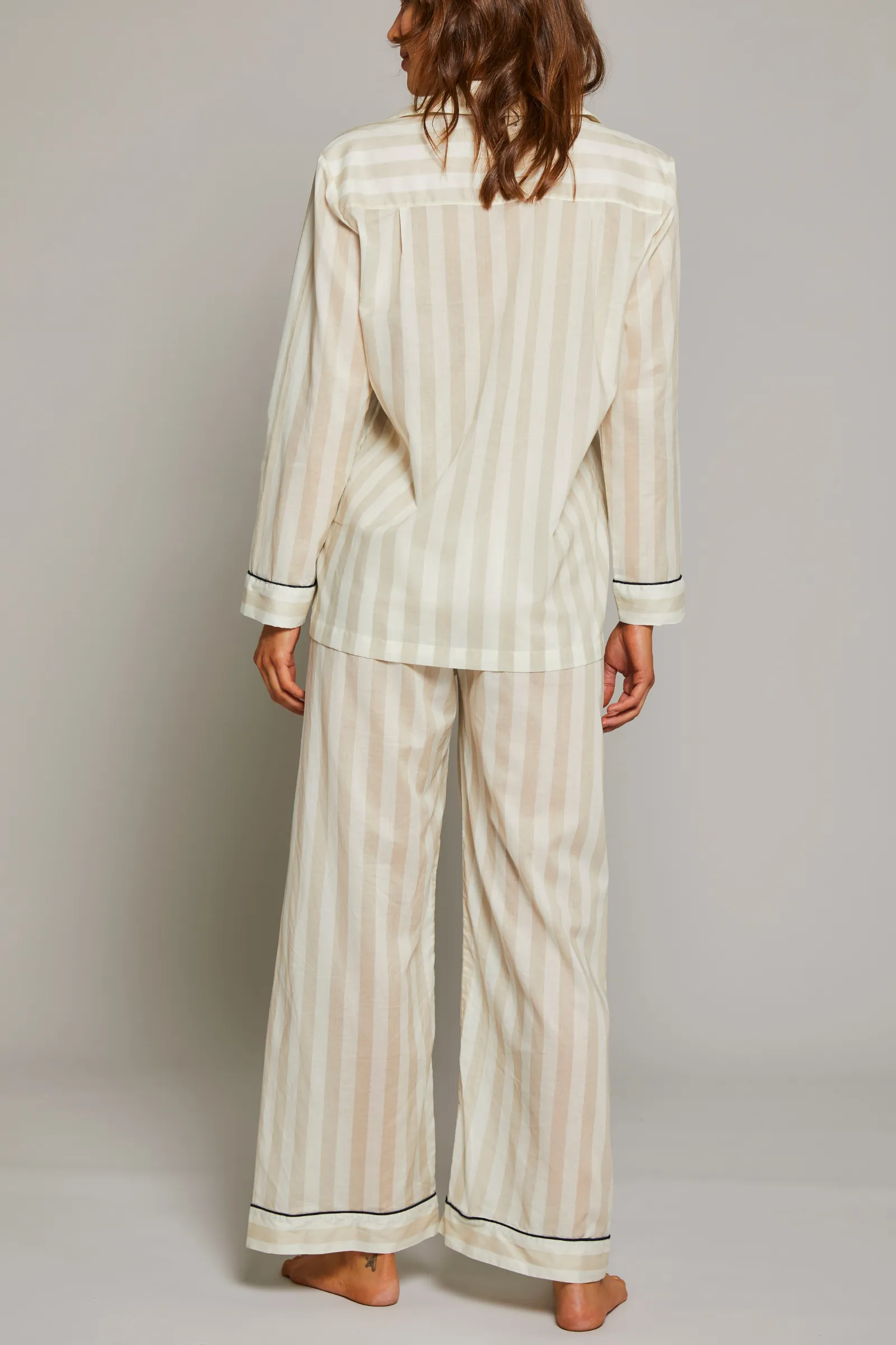 Striped Pajama Set w Piping - Sand / Navy
