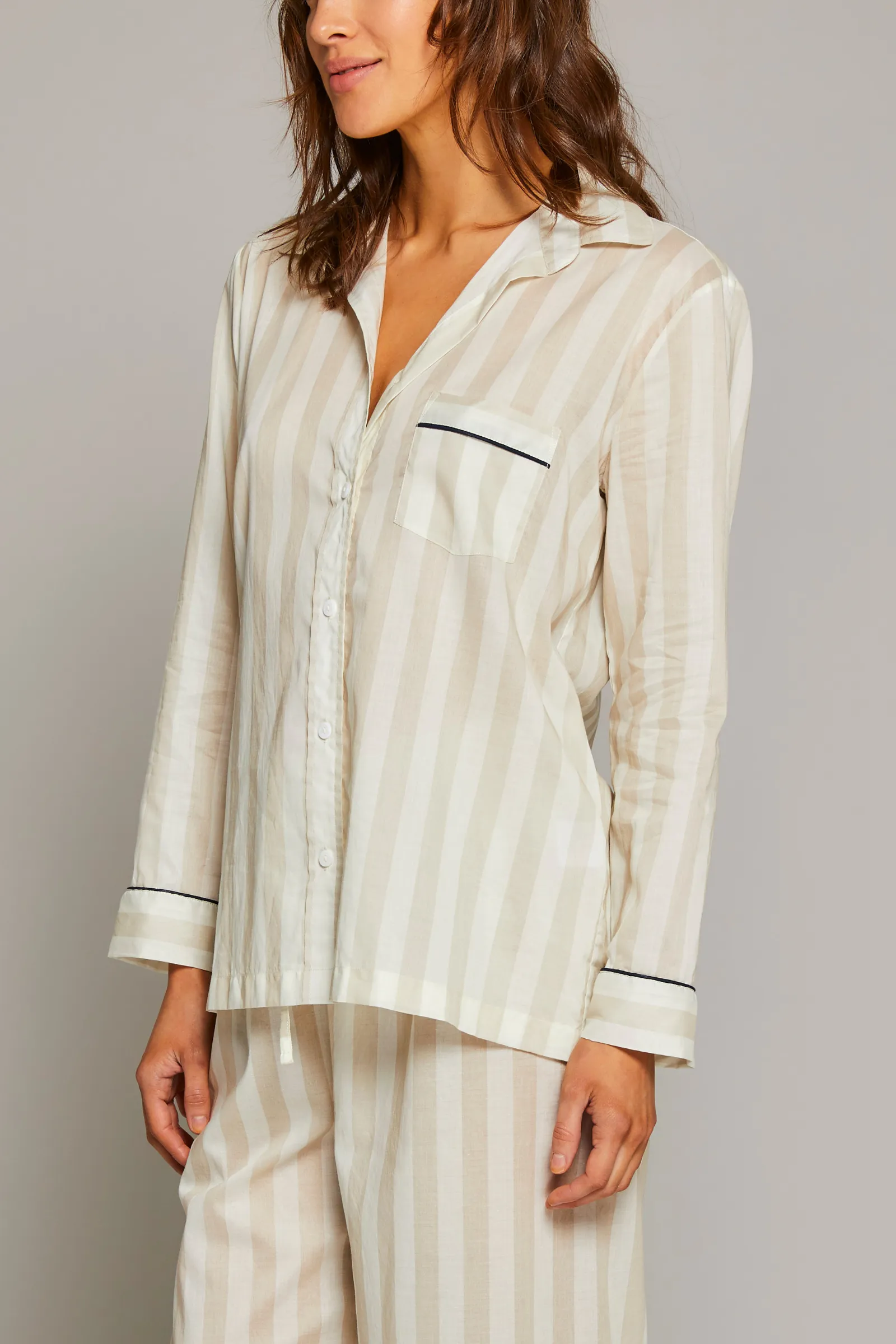 Striped Pajama Set w Piping - Sand / Navy