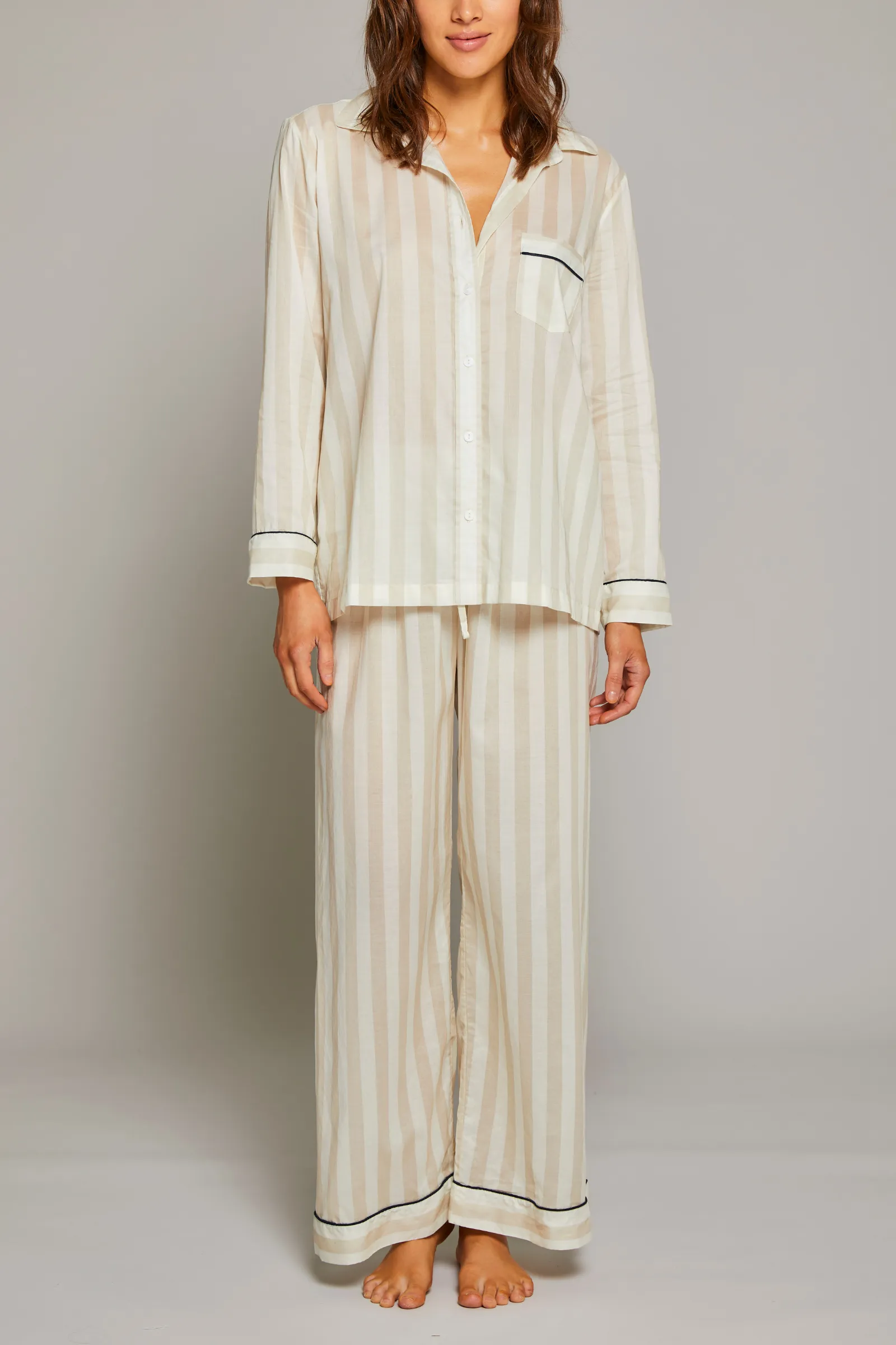 Striped Pajama Set w Piping - Sand / Navy