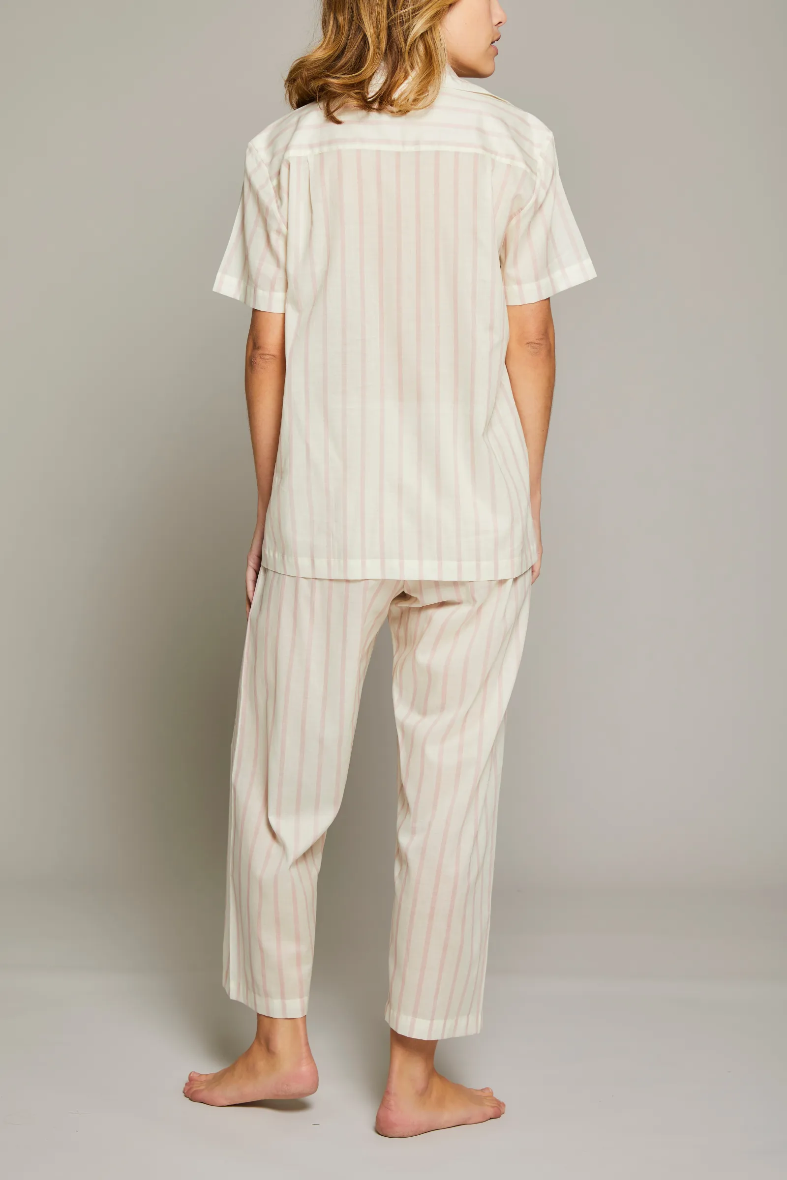 Striped Short Sleeve Crop Pant PJ Set - Cream / Pink
