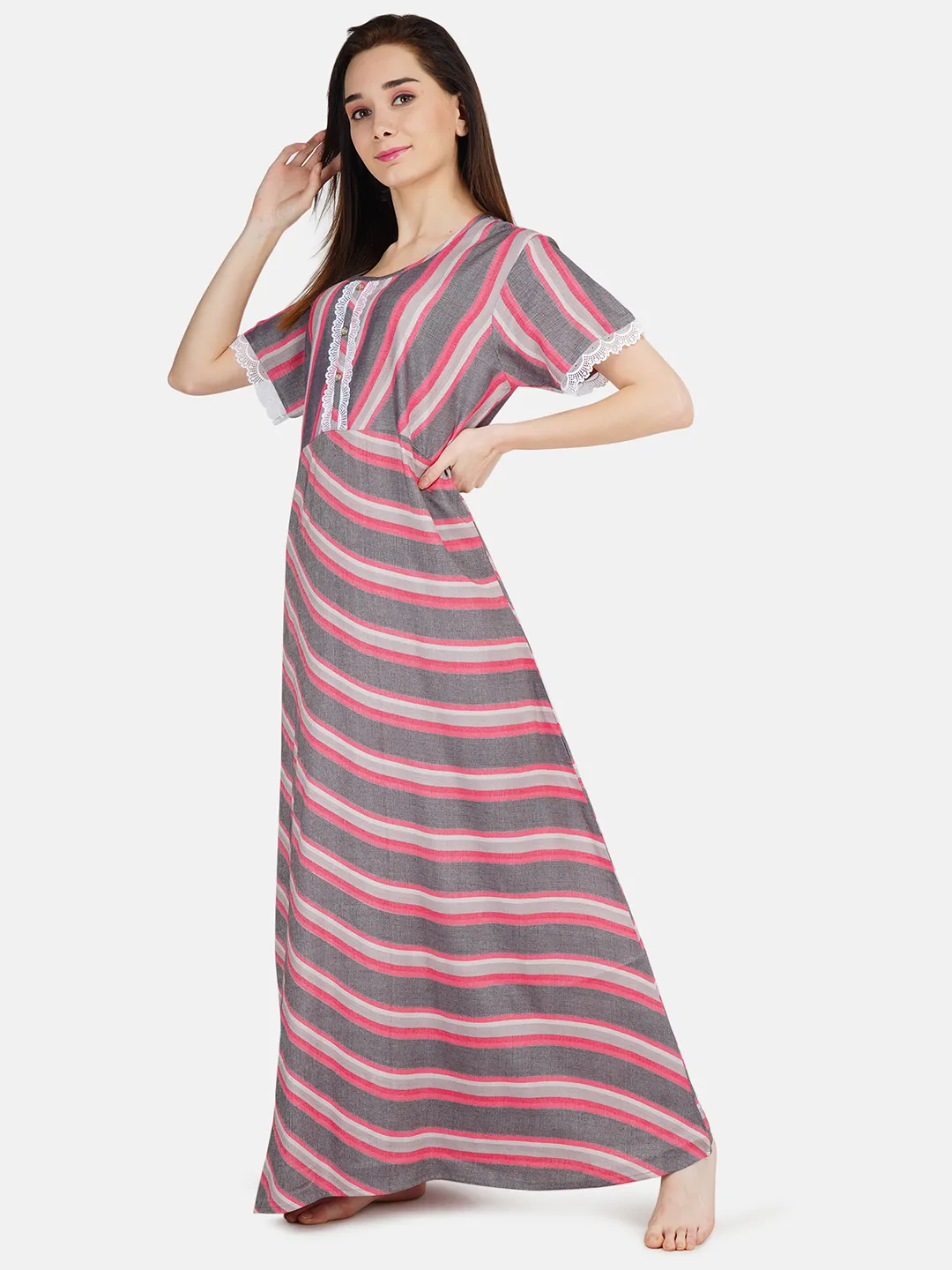 Stripped Nighty  with White Lace