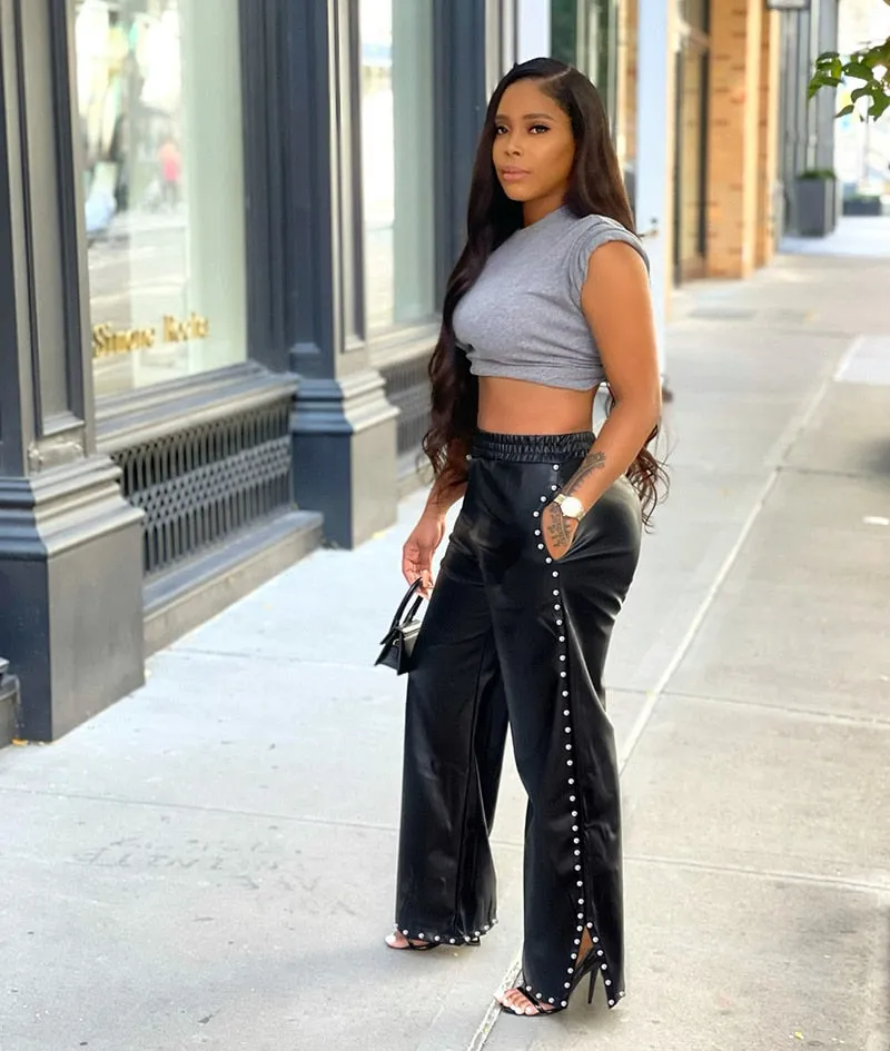 Studded PU Leather Wide Leg Pants