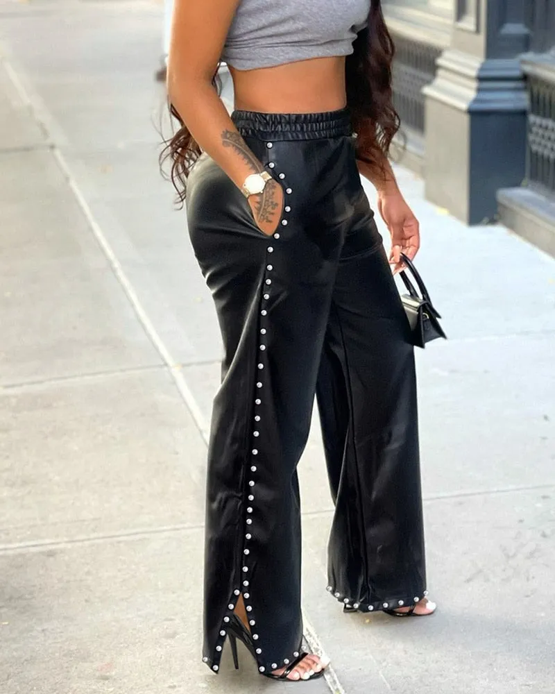 Studded PU Leather Wide Leg Pants