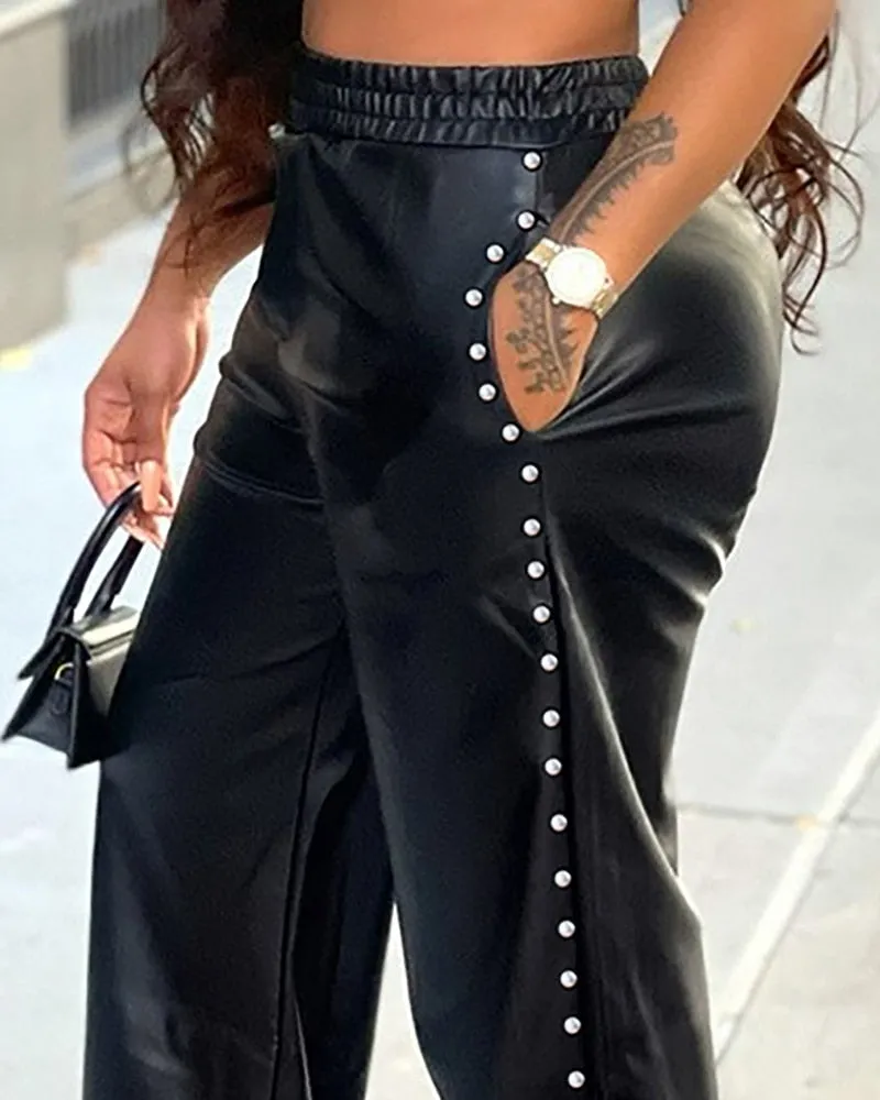 Studded PU Leather Wide Leg Pants