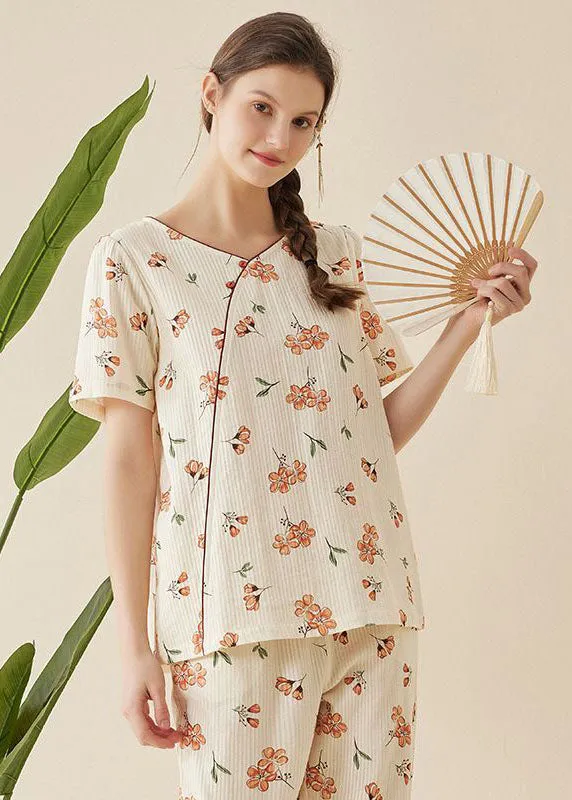 Style Beige V Neck Patchwork Print Cotton Pajamas Two Piece Set Short Sleeve