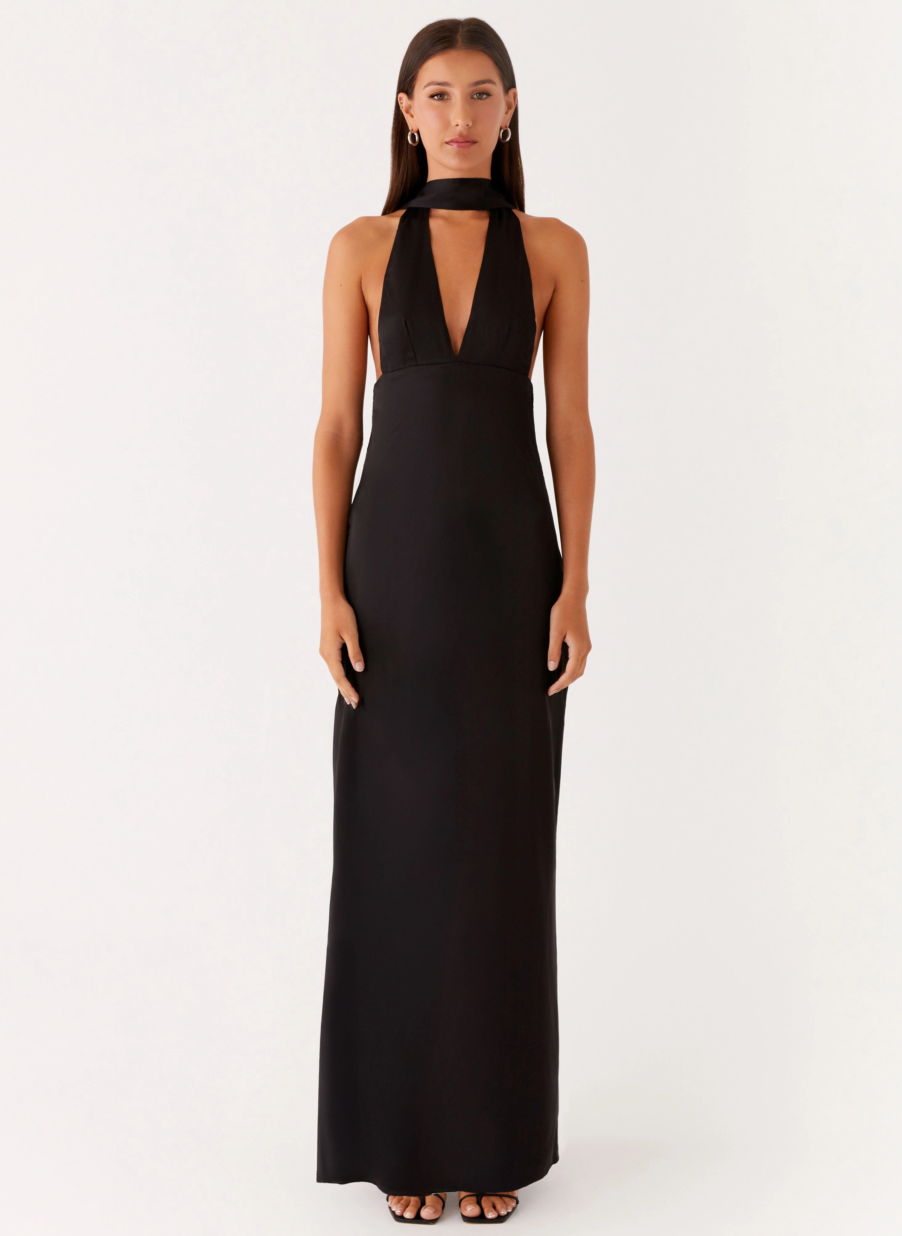 Polished and Elegant Tailored Comfort Alicia Satin Halter Maxi Dress - Black