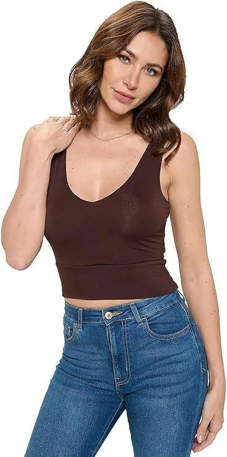 Stylish FABRIC Women's Sleeveless V Neck Top, Basic Slim Fit Shirt, Sexy Casual Cute Going Out, Trendy Spring Summer 2024