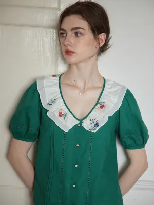 Non Slip Shoulder Seams ??Final Sale??Hanna V-neck Contrast Colorful Rose Embroidery Lapel Puff Sleeve Cotton Blouse