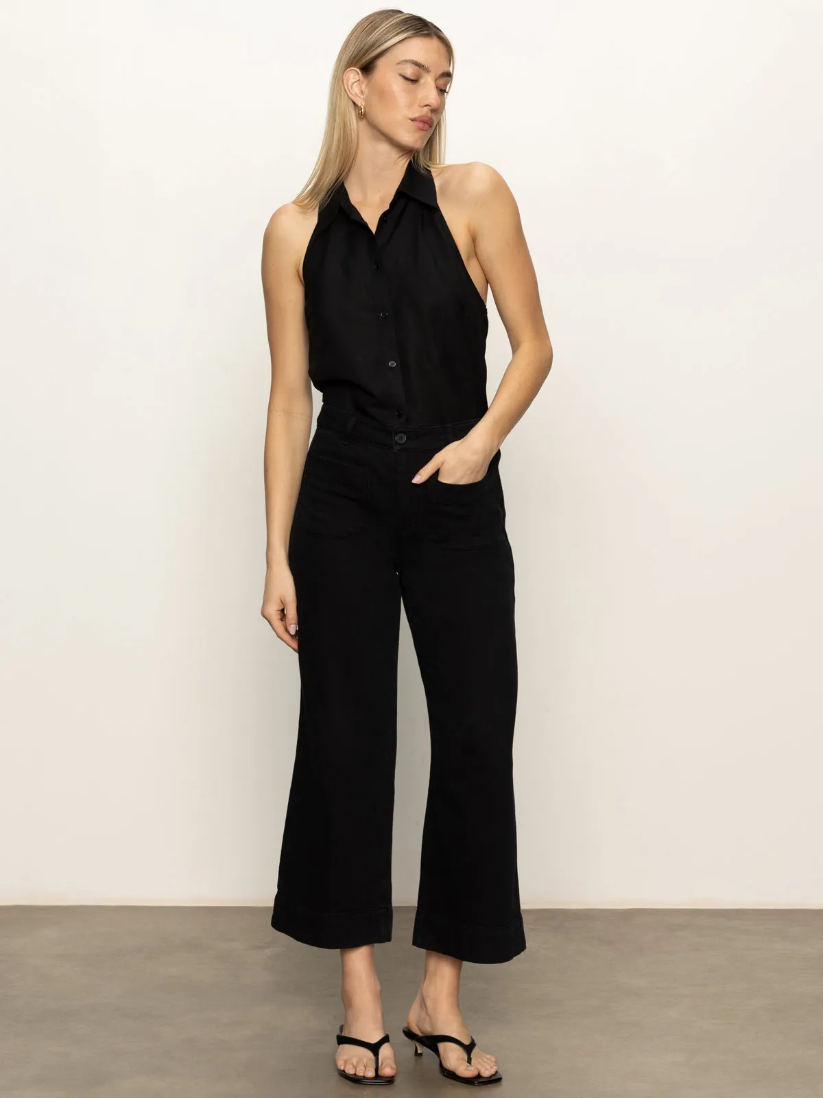 Soft Marine Wide Leg Standard Rise Crop Pant Black High Waist Flowy legs