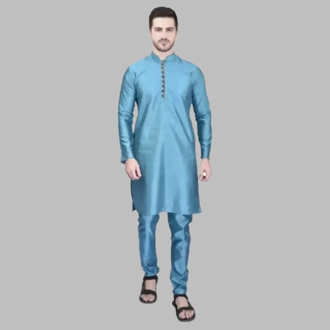 Stylish Silk Kurta & Bottom Set for Men Blue